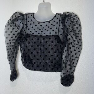Zara Women's Black Sheer Polka Dot Organza Top With Puff Sleeves Size Small